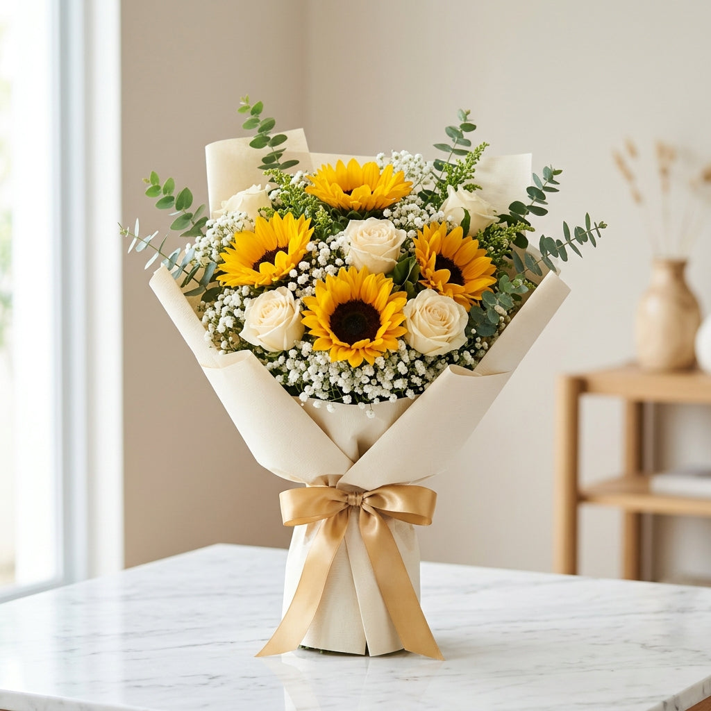 Golden Radiance - Sunflower & Cream Rose Bouquet