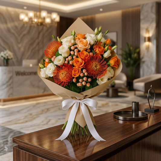 Tropical Flame Orange Protea and Rose Bouquet