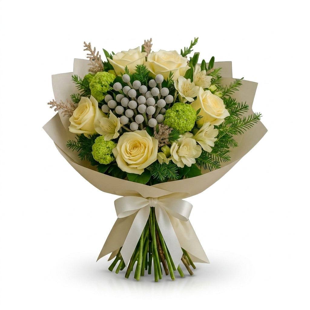 Elegant White Rose and Brunia Winter Bouquet