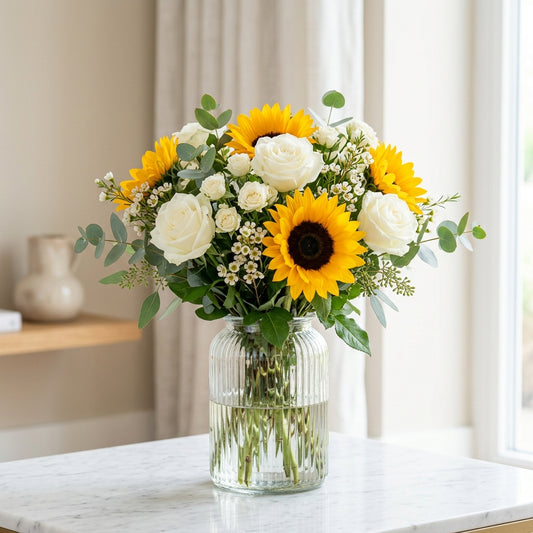 Sunny Elegance - Sunflower & White Rose Bouquet