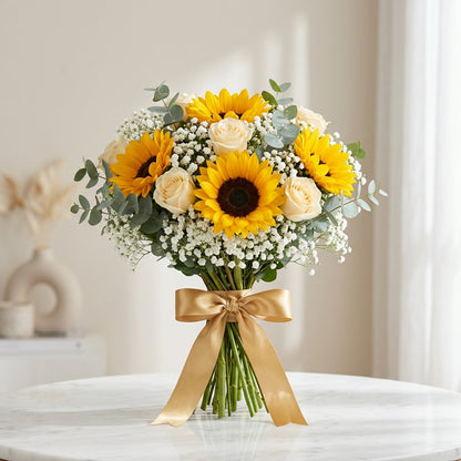 Golden Radiance - Sunflower & Cream Rose Bouquet