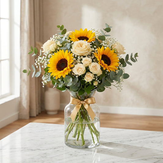 Golden Radiance - Sunflower & Cream Rose Bouquet
