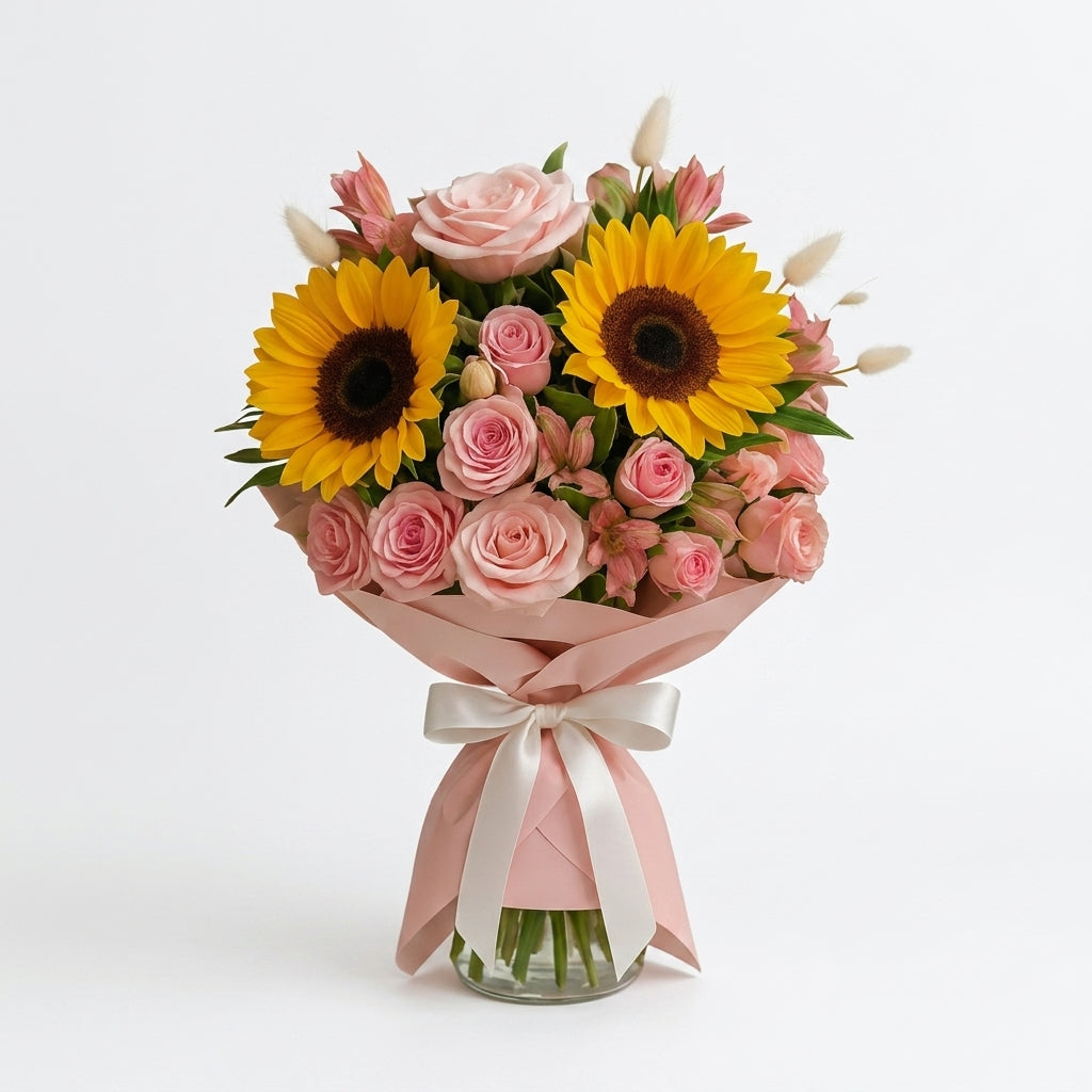 Loving Summer Sunflower and Pink Rose Bouquet