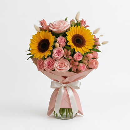 Loving Summer Sunflower and Pink Rose Bouquet
