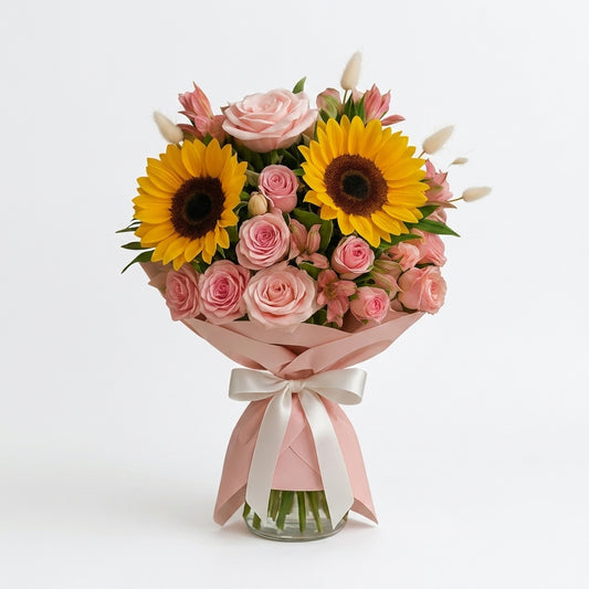Loving Summer Sunflower and Pink Rose Bouquet
