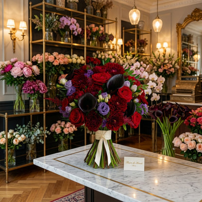 Midnight Romance Black Calla Lily Red Roses and Lisianthus Bouquet