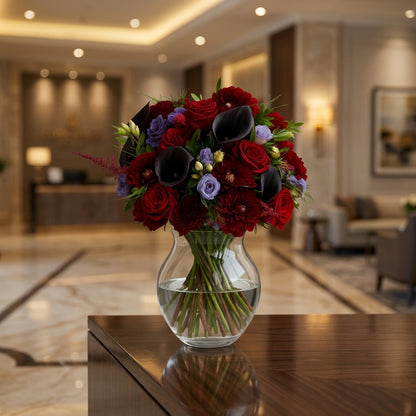 Midnight Romance Black Calla Lily Red Roses and Lisianthus Bouquet