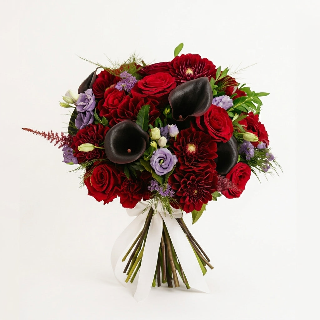 Midnight Romance Black Calla Lily Red Roses and Lisianthus Bouquet