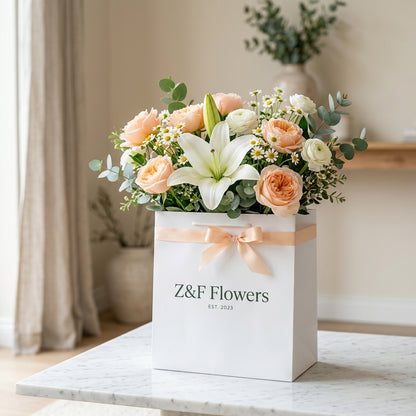 Delicate Peach Rose & White Lily Bouquet