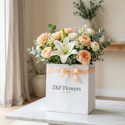 Delicate Peach Rose & White Lily Bouquet
