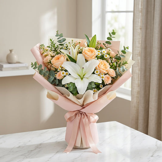 Delicate Peach Rose & White Lily Bouquet