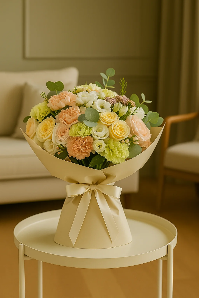Sunlit Serenity Pastel Rose and Lisianthus Bouquet