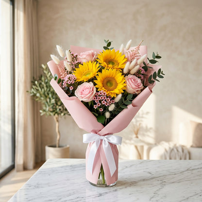 Sunny Bliss - Sunflower & Pink Rose Bouquet
