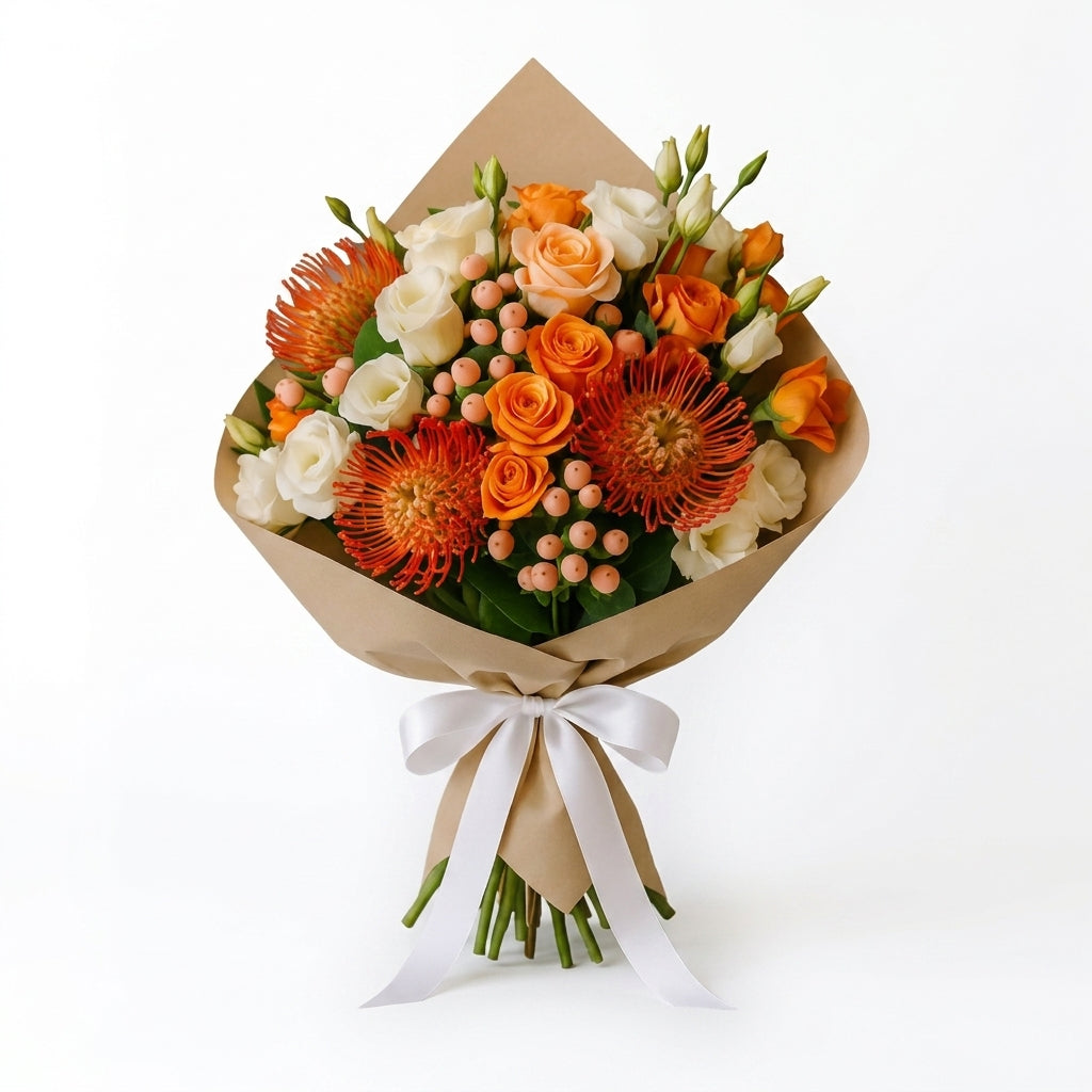 Tropical Flame Orange Protea and Rose Bouquet