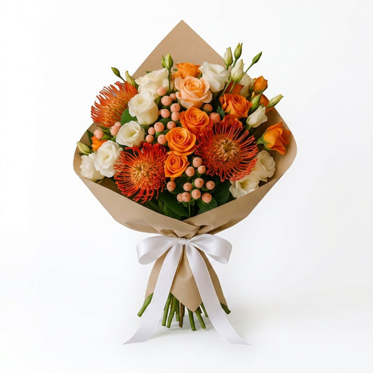 Tropical Flame Orange Protea and Rose Bouquet