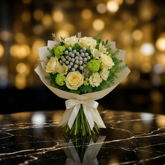Elegant White Rose and Brunia Winter Bouquet