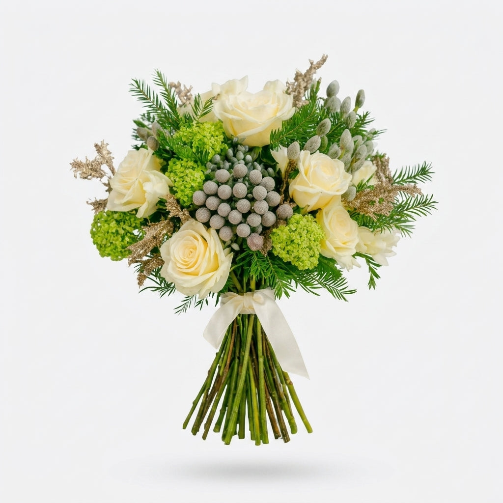 Elegant White Rose and Brunia Winter Bouquet