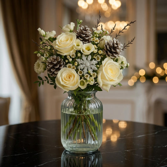 White Rose and Lisianthus Winter Bouquet with Pinecones