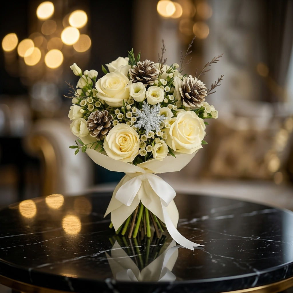 White Rose and Lisianthus Winter Bouquet with Pinecones