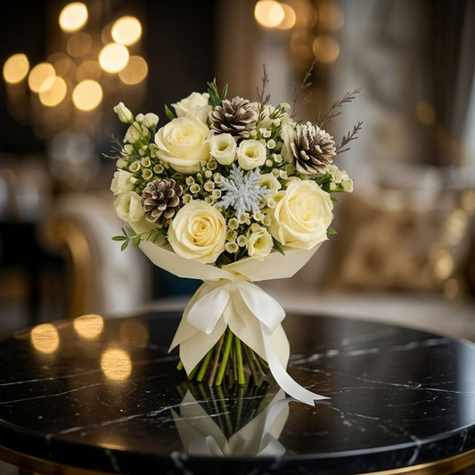 White Rose and Lisianthus Winter Bouquet with Pinecones
