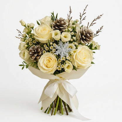 White Rose and Lisianthus Winter Bouquet with Pinecones