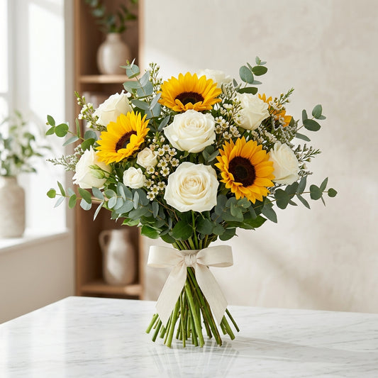 Sunny Elegance - Sunflower & White Rose Bouquet
