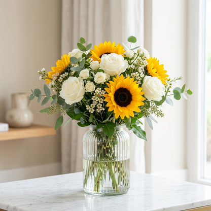 Sunny Elegance - Sunflower & White Rose Bouquet