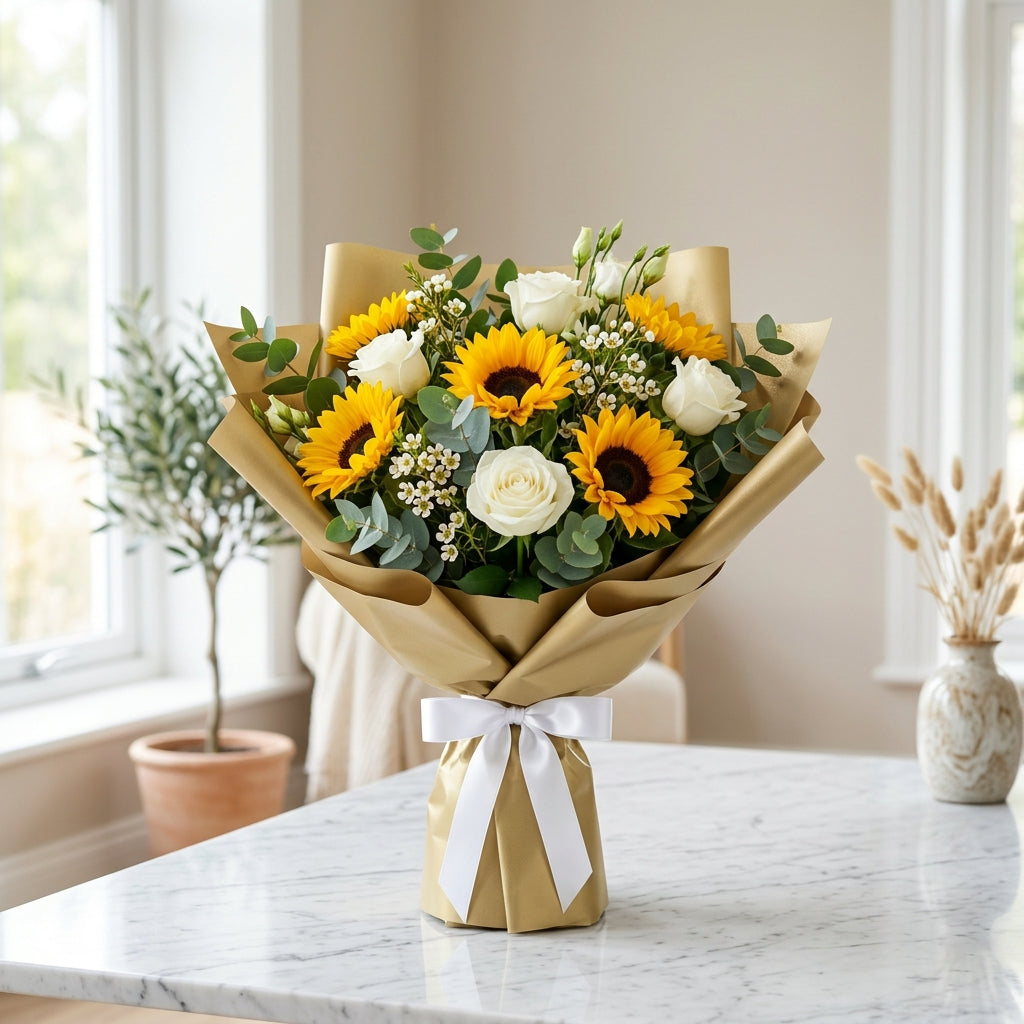 Sunny Elegance - Sunflower & White Rose Bouquet